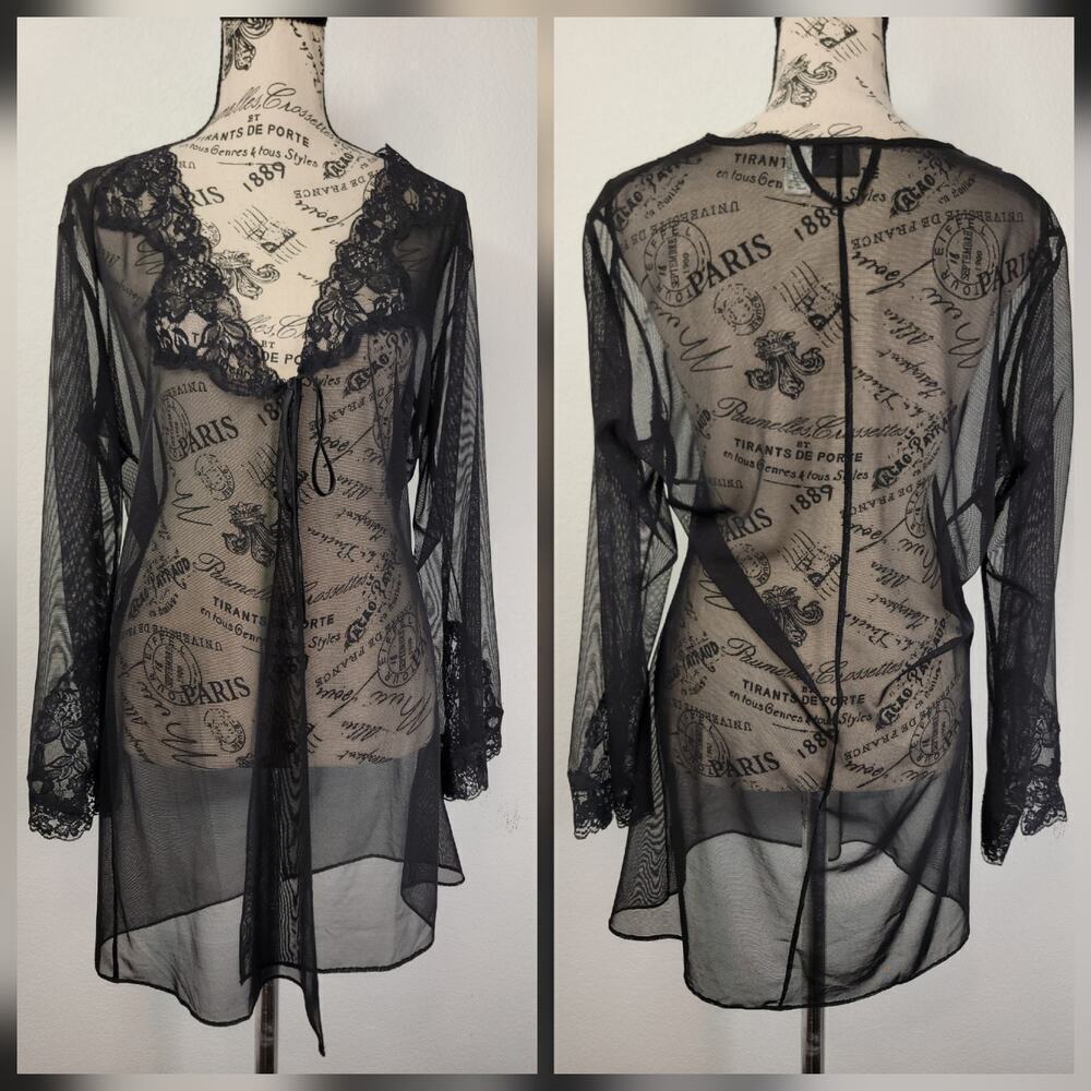 Fredericks of Hollywood Sheer Robe SZ S Black Lace Bell Flare Sleeve Whimsigoth
